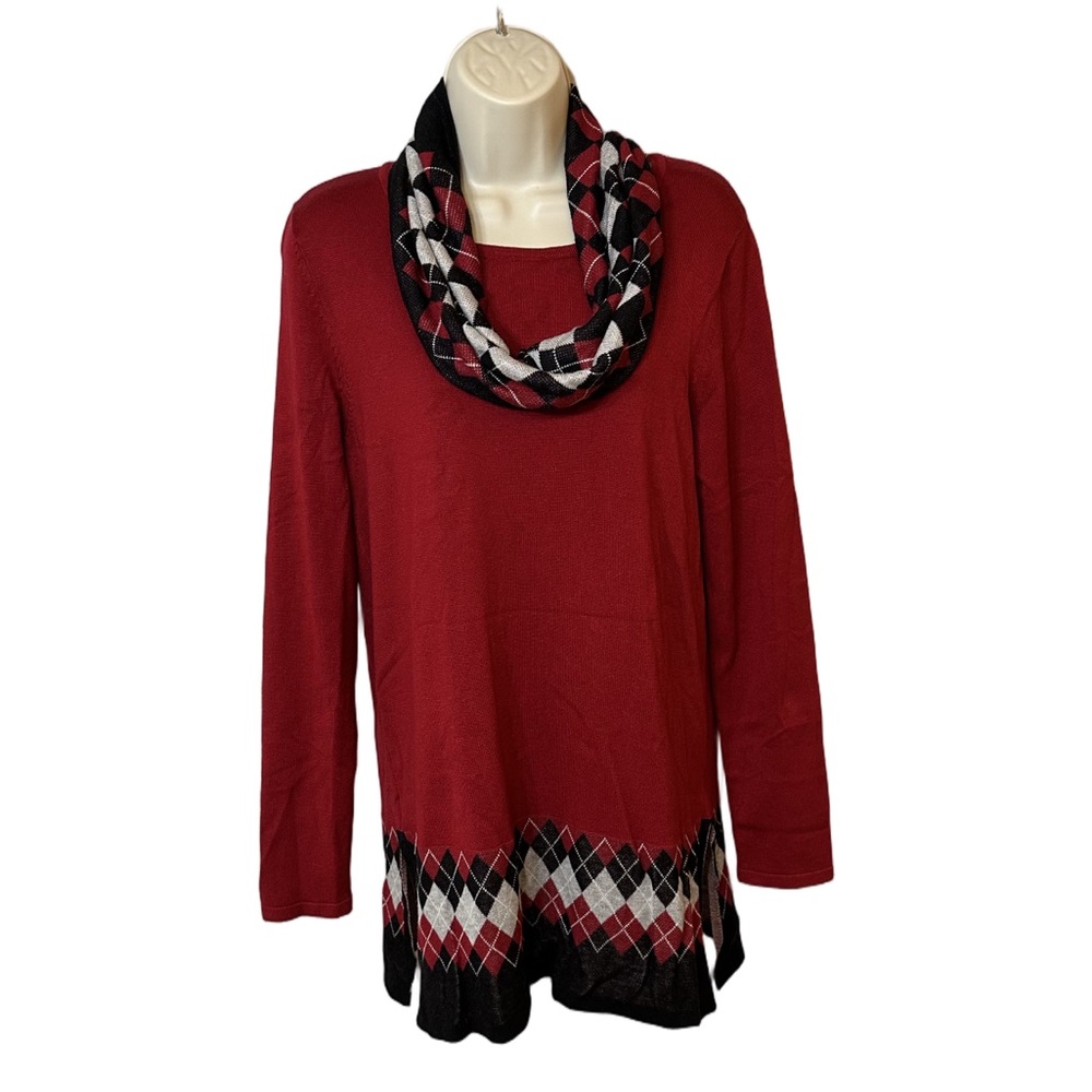 Festive Garnet Plaid Trim Sweater Top Red Black Argyle Scarf Detail Women’s S